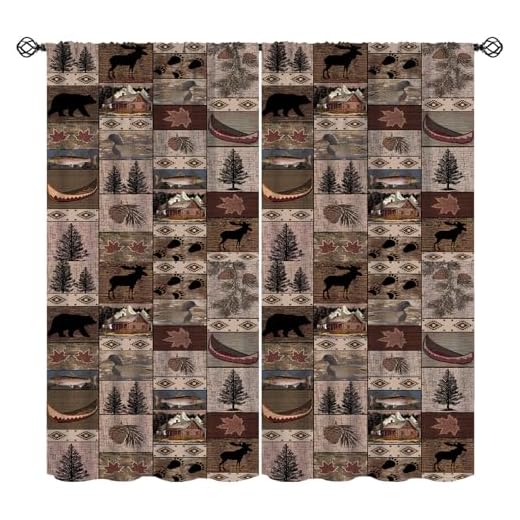 Retro Rustic Style Curtain, Moose Deer Bear Leaf Tree Country Style Farmhouse Blackout Curtains for Living Room Kitchen Study Room Home Decro 42x45inch (107x114cm)