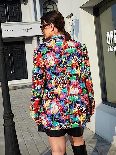 WDIRARA Women's Graphic Print Long Sleeve Single Button Front Open Front Blazer Stand Collar Jacket Waistcoat2