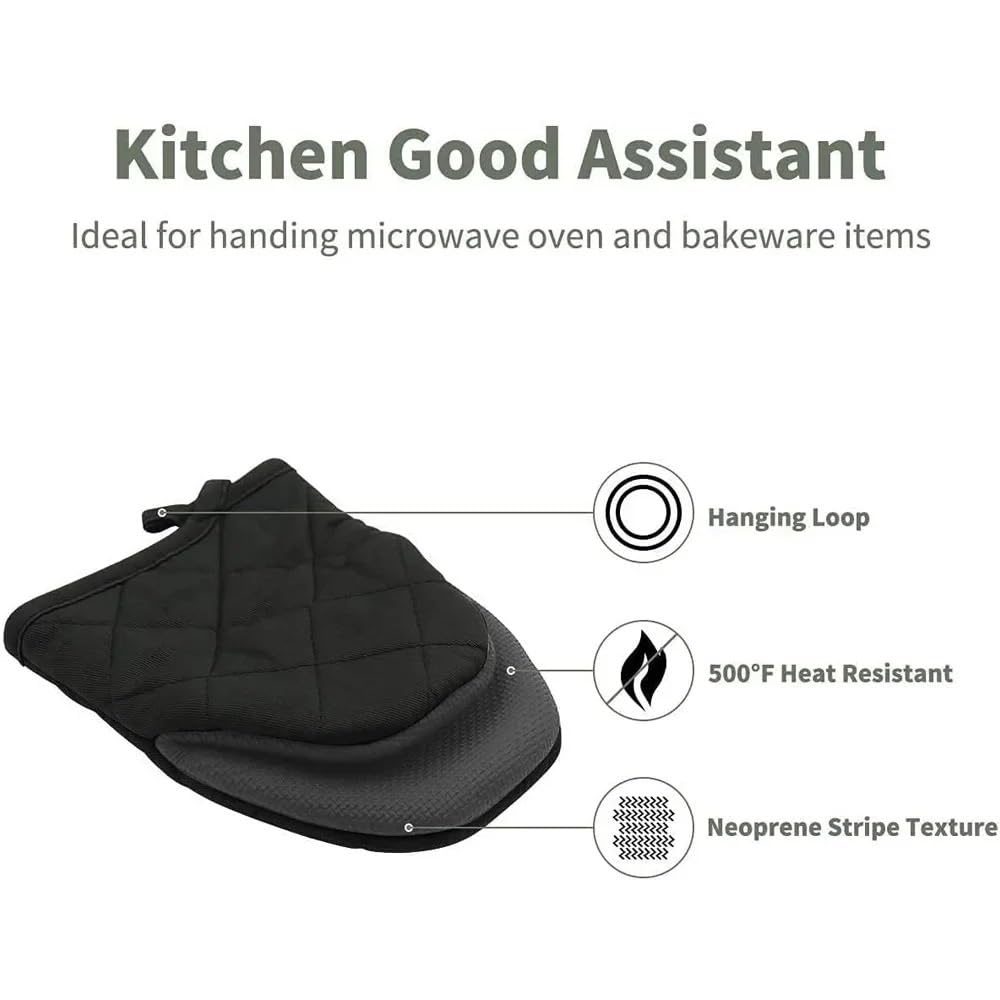 2 Kurze Ofenhandschuhe, Silikon-Küchenhandschuhe, hitzebeständig bis 260 °C, mit Rutschfester Grifffläche und Aufhängeschlaufe, Schwarz(2Pcs Black)