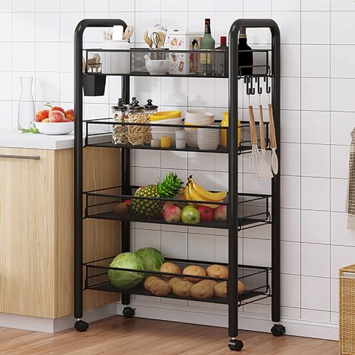 Carrito organizador de cocina de metal de 5 niveles con ruedas para frutas, aperitivos, verduras y pan, color negro (17 x 11 x 33 pulgadas)