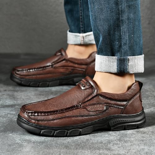 Men's Fashion Cow Leather Slip-On Casual Loafers Retro Soft Thick Sole Comfy Non Slip Breathable Business Oxfords Lightweight Outdoor Work Drving Shoe3