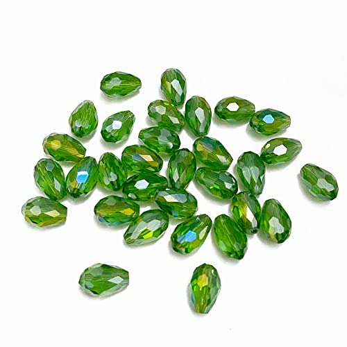 LIMAOLLY 100 Pieces Green Crystal Glass Beads Teardrop Vertical Hole 8x12mm Faceted Shape Crystal AB Spacer Beads for Jewelry Making DIY Bracelet Necklaces Pendant Handmade Decorations