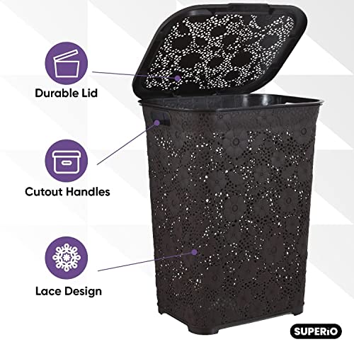 Image of Laundry Hamper With Lid Lace Design 50 Liter - Brown Laundry Hamper Basket With Cutout Handles, Rectangular Shape Modern Style Bin - Dirty Cloths Storage. By Superio