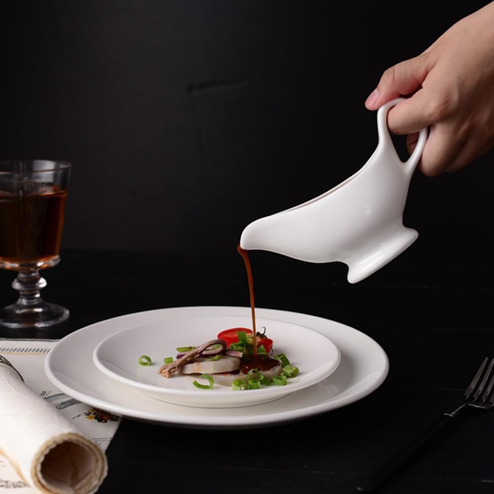 Cabilock Gravy Boat Ceramic Sauce Boat 10oz Serving Dispenser for Salad Dressings Milk,Warming,Creamer,Broth,Black Pepper,White