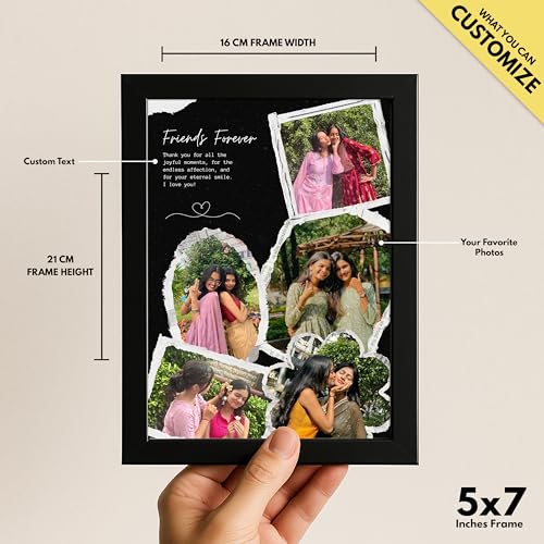 Image of Framekaari Friends Customized Photo Frame | Personalized Best Friend Gift | Black Scrapbook Design | 5 Custom Photos & Text | Tabletop & Wall Mount | Home Decor | 16x21 cm (Design-16)