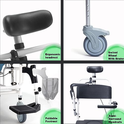 4-in-1 Bedside Commode Chair, Tilt 30°Shower Commode Wheelchair, Shampoo Chair with Headrest and Bucket, Adjustable Transport Rolling Chair for Elderly, Disabled, Adults