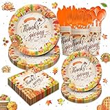 Piooluialy Thanksgiving Party Supplies Tableware - Happy Thanksgiving Turkey Party Decorations Include Plates, Napkins, Cups, Cutlery, Maple Leaf Fall Autumn Supplies | Serves 24