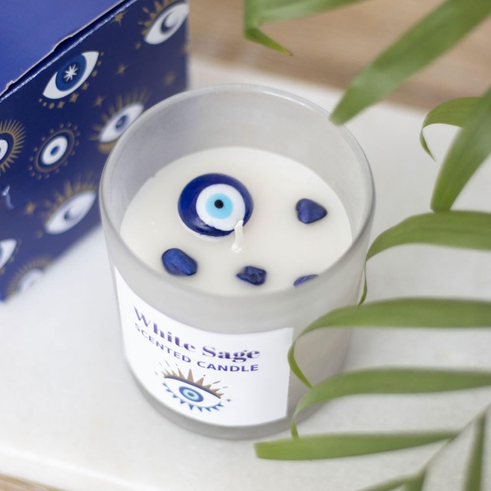 White Sage Scented Candle with Glass Protection Eye, Handmade Crystal Chips, Spiritual Protection