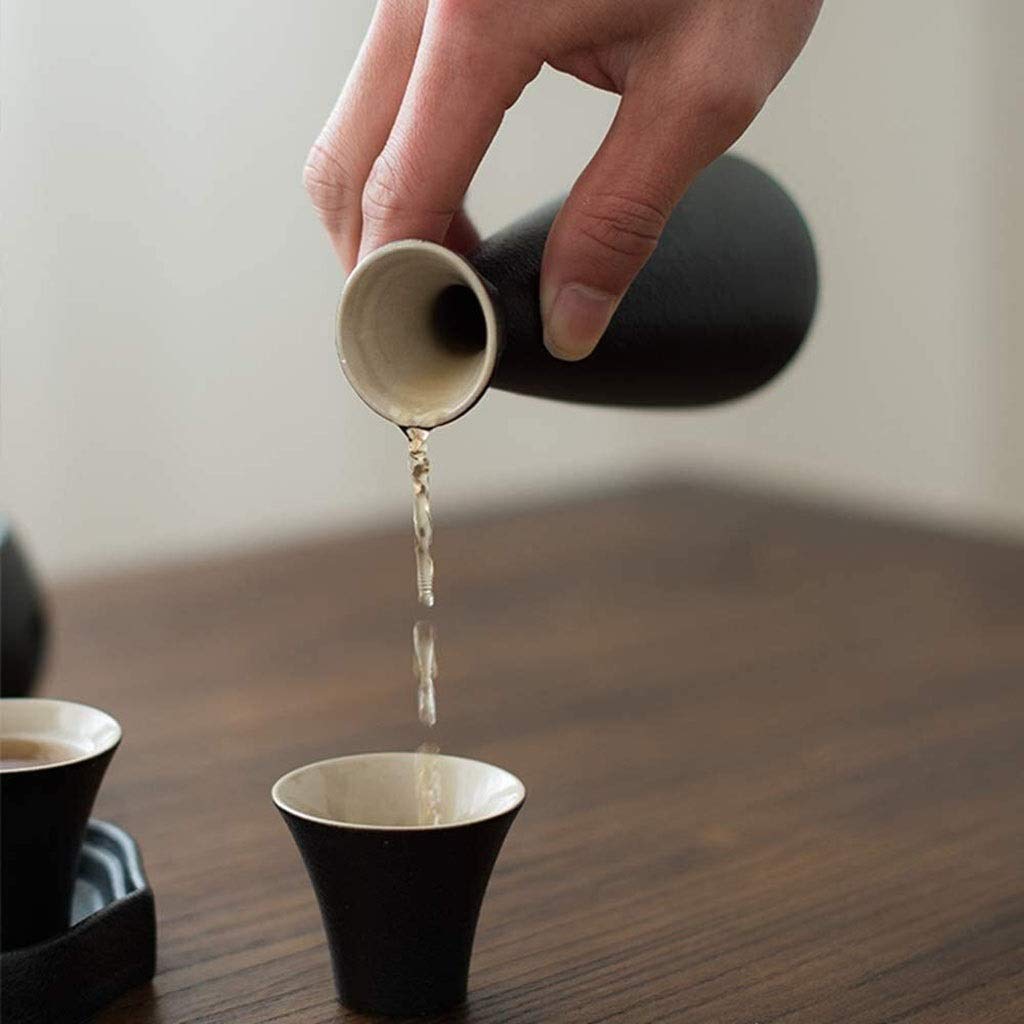 Ensemble de 8 Tasses à saké Traditionnelles en céramique émaillée Noire, Verre à vin Artisanal (avec Four à Bougie et Isolation) Meilleur Cadeau pour Le Service de saké Chaud/Froid