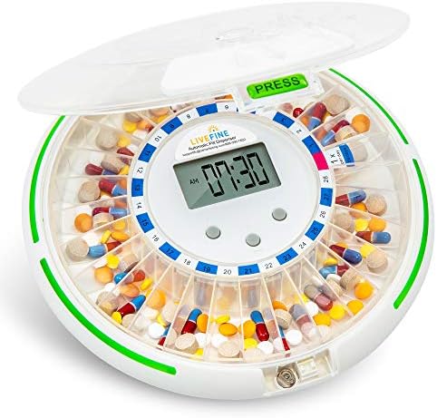 LiveFine Automatic Pill Dispenser with 28-Day Electronic Medication Organizer, 6 Dosage Templates, Easy-Read LCD Display, Sound & Light Alerts & Key for Prescriptions, Vitamins, Supplements & More