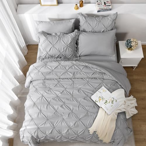 JOLLYVOGUE Grey Queen Comforter Set, 7 Pieces Pintuck Comforters Queen Size, Bed in a Bag Queen Comforter for Bedroom, Bedding Comforter Sets with Comforter, Sheets, Ruffled Shams & Pillowcases