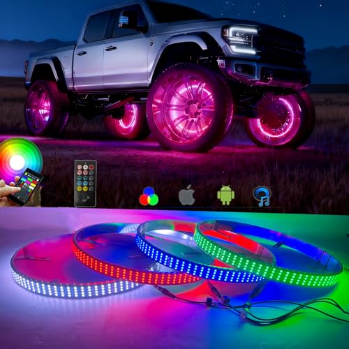 Kingshowstar New Upgrade 17in Quad Row Wheel Lights for Truck,Brighter RGB+White 1248LEDs Wheel Ring Light with App RF 4-Zone Control,Music Sync, Brake & Courtesy Function,Dynamic Rim Tire Lights