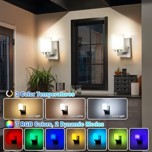 Image of Battery Operated Wall Sconce Set of 2, 10000mAh Wireless Rechargeable Wall Sconce with Remote Control, RGB Dimmable Bathroom Light Fixtures with Double Clear Glass Shade for Mirror Bedroom