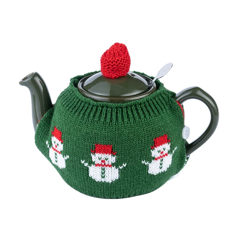 Image of British Hand Knit Teapot Cosy, Detachable Lid & Body Acrylic Insulated Sleeve with Buttons, Thermal Cover for 4 Cup 34-40oz Teapots, Hot & Cold Retention, 4 Styles Option，green