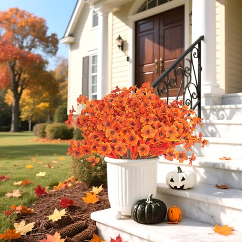 Artificial Fall Flowers Outdoor - Autumn Realistic Faux Plant , Weather-Resistant UV Protection, Perfect for Porch, patio, Garden, Window Box, and Planters Decor(Fall Orange)
