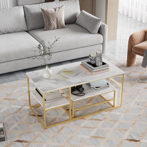 BAJKNIU Lot de 2 tables empilables, tables latérales rectangulaires amovibles, plateau avec motif effet marbre, structure en métal, tables empilables pour...