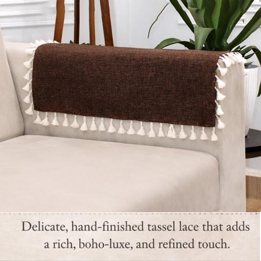 Image of STITCHNEST Premium Woven Fabric Sofa Arm Cover with Tassels | Elegant Hand Rest Protector | Durable & Stylish | 18 x 22 Inches
