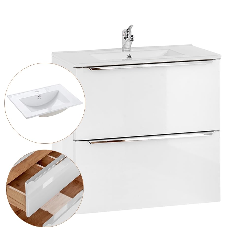Lomadox Badezimmer Waschtisch-Unterschrank Set, Hochglanz weiß, 61cm Keramik-Waschbecken, 2 Softclose-Schubkästen, B/H/T ca, 61/58,5/46 cm