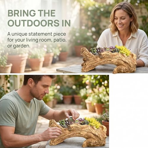 Image of Hiceeden Artificial Driftwood Succulent Planter, Resin Tree Stump Sculpture Rustic Cactus Flower Pot for Herb, Strawberry, Small Plants, Natural Color Drainage Hole, 14.6 inch L x 4.3 inch W x 5.1 inch H