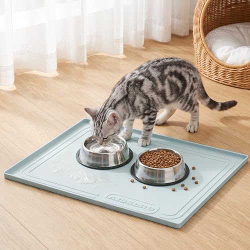 Image of 22x19 Pet Feeding Mat Waterproof Nonslip Cats and Dogs Water Bowl Mat | Silicone 0.59 inch Raised Edges Contain Food & Water Spills, Easy To Clean, Bpa-Free, Reinforced To Resist Collapse,Light Blue