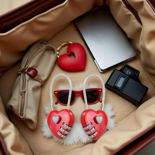 Image of 2Pcs Red Mini Love Heart Lock,Heart Padlock,Mini Code Lock,Wire Rope 3-Digit Code Combination Padlock for Travel Bags Suitcase Lockers Backpacks Jewelry Boxes Combination Locks Padlocks and Hasps