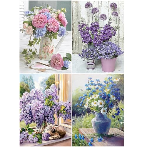 Pintura de diamantes 5D de flores moradas y gatos para decorar tu salón con arte