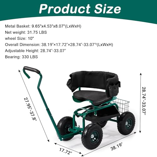 Outvita Rolling Garden Seat with Wheels, Gardening Stool with Height Adjustable 360 Degree Swivel Seat, Ergonomic Backrest, Tool Tray & Storage Basket, Outdoor Gardening Scooter Cart for Patio, Green - Image 4