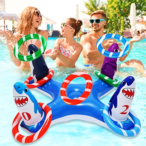 Inflatable Ring Toss Games With 6 Rings, Flamingo Shark Pool Ring Toss Game Summer Pool Toys Party Games For Kids And Adults (Shark-Blue) #TOP3