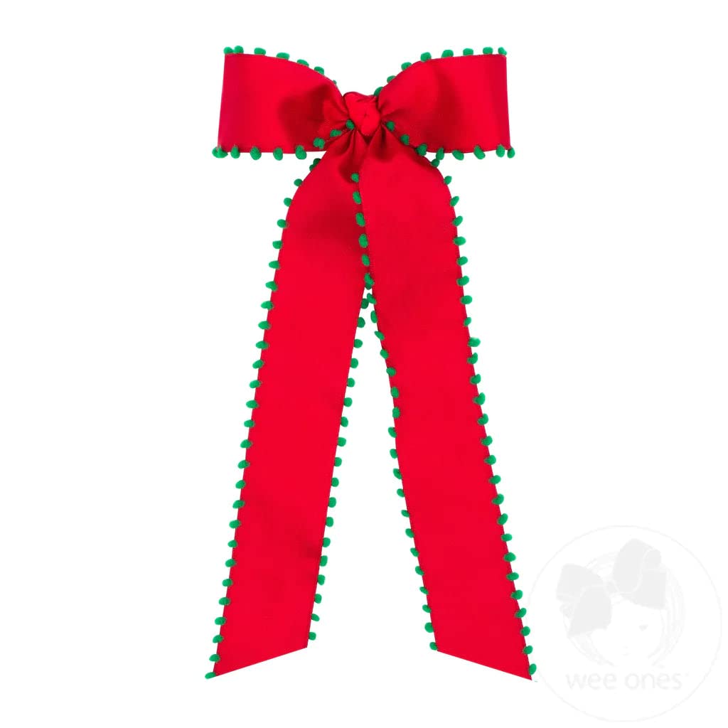 Wee Ones Girls' Taffeta Bowtie with Pom-Pom Edges and Streamer Tails (Knot Wrap), Medium, Red with Green