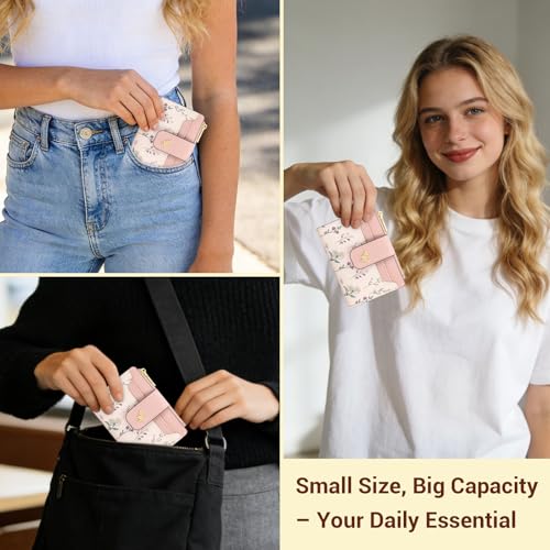Image of YINHEXI Women's Wallet, Compact and Small Bifold PU Leather Card Holder, Mini Purse with Coin Pocket for Ladies, Girls (Floral Pink)