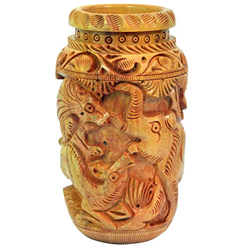 Image of Craft Trade 13x6 Cm Wooden Pencil holder Hand Carved Elephant Pattern - Elephant Brown
