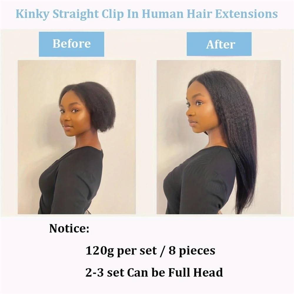 8 sztuk przedłużek z prawdziwych włosów Kinky Yaki Straight Clip In do czarnych, podwójnych strzałów, 120 g