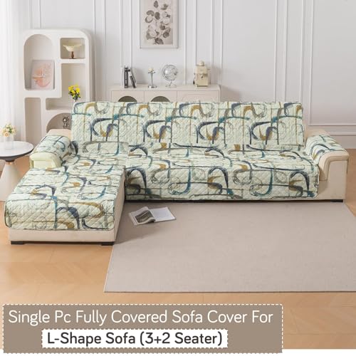 Image of HOKIPO 'Elira Series' Water-Repellent Printed Quilted One-Piece L Shape 5 Seater (3+2) Sofa Cover Mat with Left Chaise | Anti-Slip Backing & SecureFit Belt, Parchement Beige Abstract Art (NEW-5374-C6)