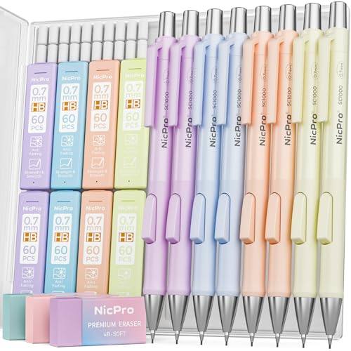 Nicpro 8 Pack 0.7mm Pastel Mechanical Pencil Set, Fast Click...