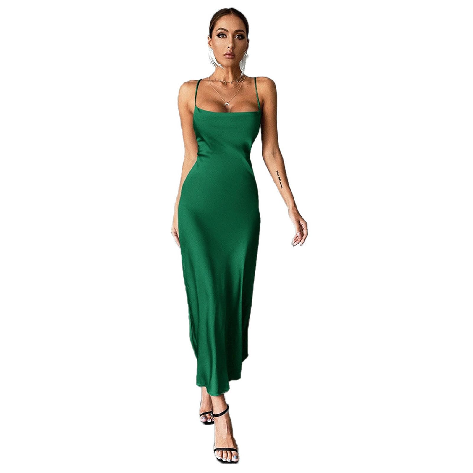 Abito Sottoveste da Sera in Raso da Donna-Verde Scuro-L