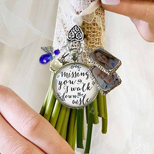 Image of Bouquet Photo Charm Wedding Memory Something Blue Angel - I Know You'd Be Here If Heaven Honor Love One, Silver Finish Handmade Bridal Jewelry White Glass Pendant 2 Frames Gift Message & Box for Bride