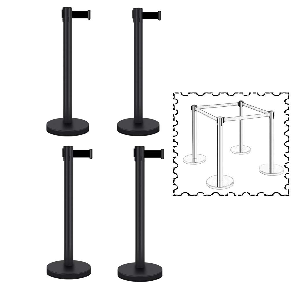 AMYAL Stainless Steel Stanchion Queue Rope Barrier with Retractable Belt Posts Line Pole 4 Way Combinable Poles (Black,4 Pieces)