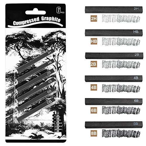 MyLifeUNIT Compressed Graphite, Square Drawing Pencils for Artists, Pack of 6 (2H, HB, 2B, 4B, 6B and 8B)