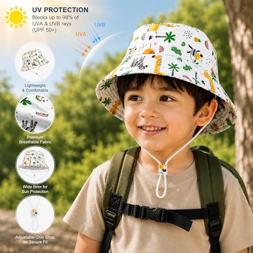 Image of VRITRAZ Unisex Kids Printed Bucket Hat | UV Protection Sun Hat with Adjustable Chin Strap & Summer Beach Travel Outdoor Cap for Toddlers & Children (4-12 Years)