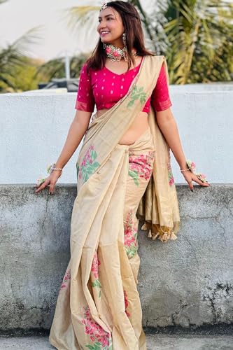 Image of SGF11 Women's Kanjivaram Soft Cotton Linen Silk Saree With Blouse Piece