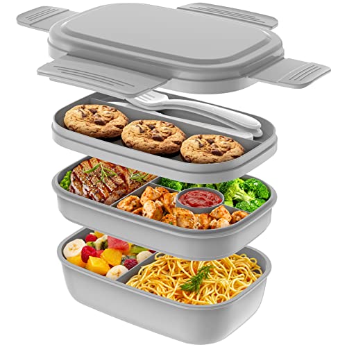 JSCORES Lunchbox für Erwachsene, 1900ML Brotdose Erwachsene mit Fächern Auslaufsicher Bento Box Jausenbox für Picknick Arbeit Reisen (GREY)