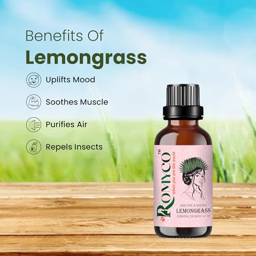 Image of Romyco Lemongrass Essential Oil 30ml for Nourishing Hair | Skin Face Moisturiser | Insect Repellent | Use in Diffuser | Pure, Natural, Premium & Undiluted
