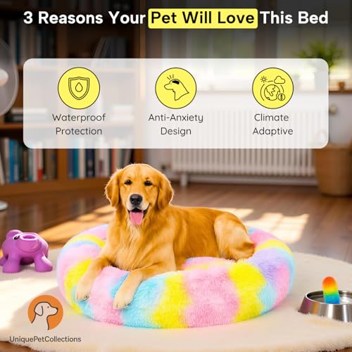 Image of Dog Bed Large - Plush Anti-Anxiety Calming Cushion for Dogs and Cats, Soft Fluffy Donut Cuddler, Multi XL - Ideal for Dog House
