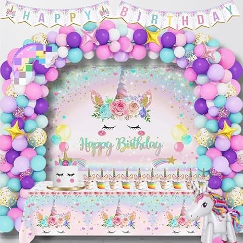 Unicorn Birthday Party Decorations Girls, 158PCS Unicorn Party Supplies Including Backdrop, Tabblecloth, Balloon Arch/ Garland Kit, Bann Cover