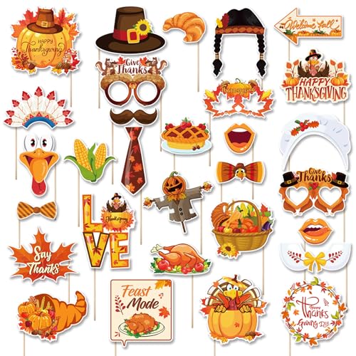 30 Pcs Happy Thanksgiving Day Photo Booth Props with Stick Funny Turkey Pumpkin Maple Pattern Thanks Fall Harvest Party Supplies Decorations