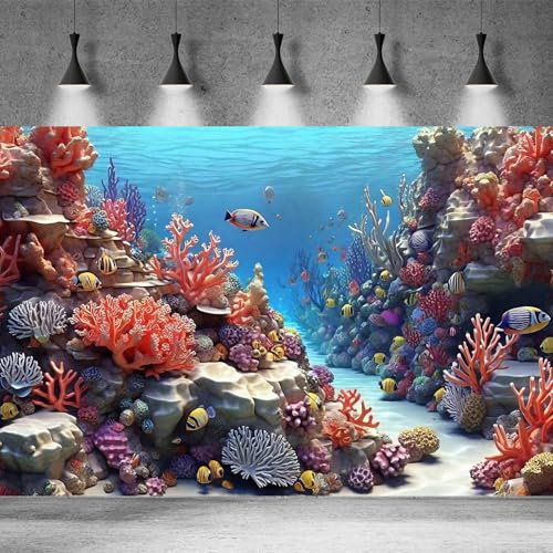 Image of Underwater Aquarium Background Turquoise and Pastel Pink Colored Coral Reef Anemone and Sea Plants Terrarium Background Tropical Marine Panorama Landscape Fish Tank Backdrop Decorations 72x16in