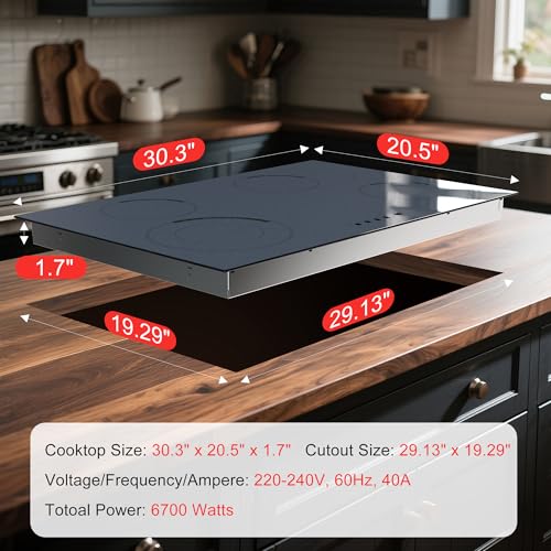 Image of 30 Inch Electric Cooktop - 4 Burner Built-in Electric Stove 30In 6600W, Radiant Ceramic Stove with Dual Zone, Metal Frame, Child Lock, Timer, 220V Hard Wired, Satin Grey