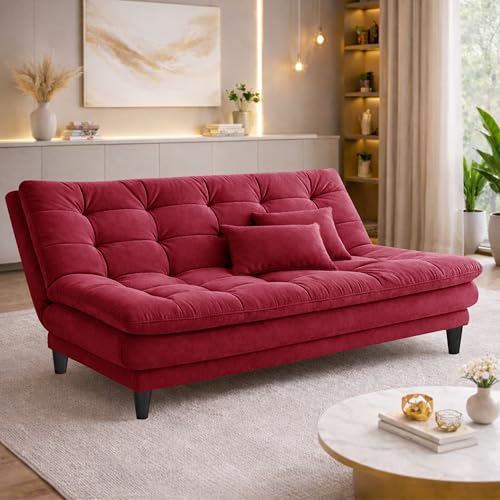 Image of Modern 3 Seater Sofa Cum Bed | Tufted Backrest | Velevt Fabric Upholstery | Living Room Furniture-Red