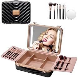 Mocado Travel Makeup Case with Lighted Mirror, Makeup Box with 8 Makeup Brushes and 10x Magnifying Mirror,Cosmetic Case Adjustable Brightness Makeup Train Case with Makeup Brushes Divider(Black)