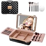 Mocado Travel Makeup Case with Lighted Mirror, Makeup Box with 8 Makeup Brushes and 10x Magnifying Mirror,Cosmetic Case Adjustable Brightness Makeup Train Case with Makeup Brushes Divider(Black)